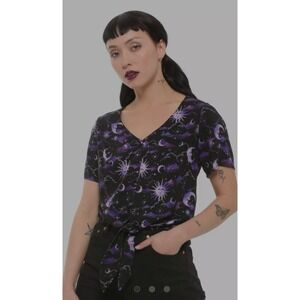 Hot Topic Purple Celestial Sun Moon Tie Front Button Up Blouse Plus Size 3X